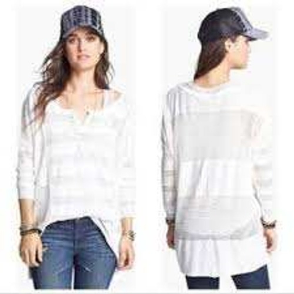 Free People Keepsake Linen Blend Striped Henley Knit Top XS Relaxed Boho Beachy